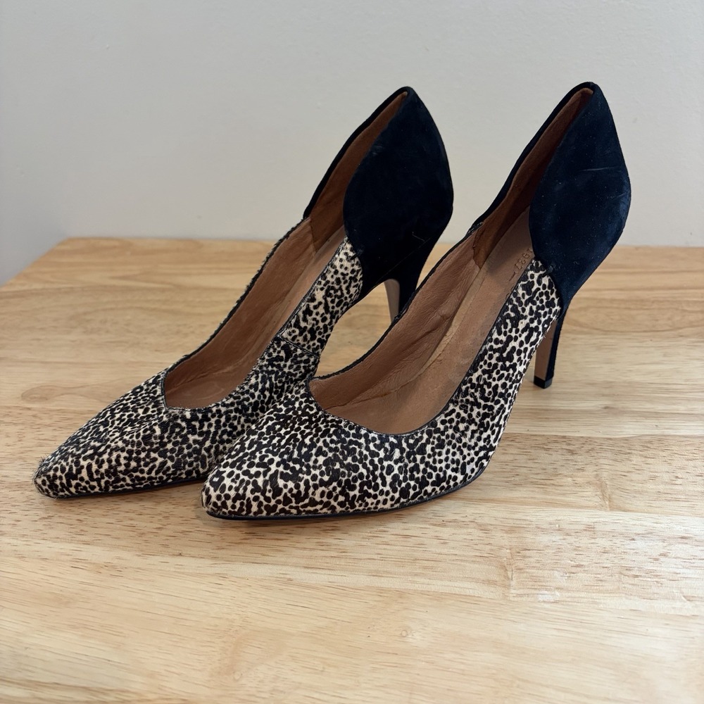 Madewell Maddie calf hair leopard print speckled Leather Suede Heels Black Sz 8